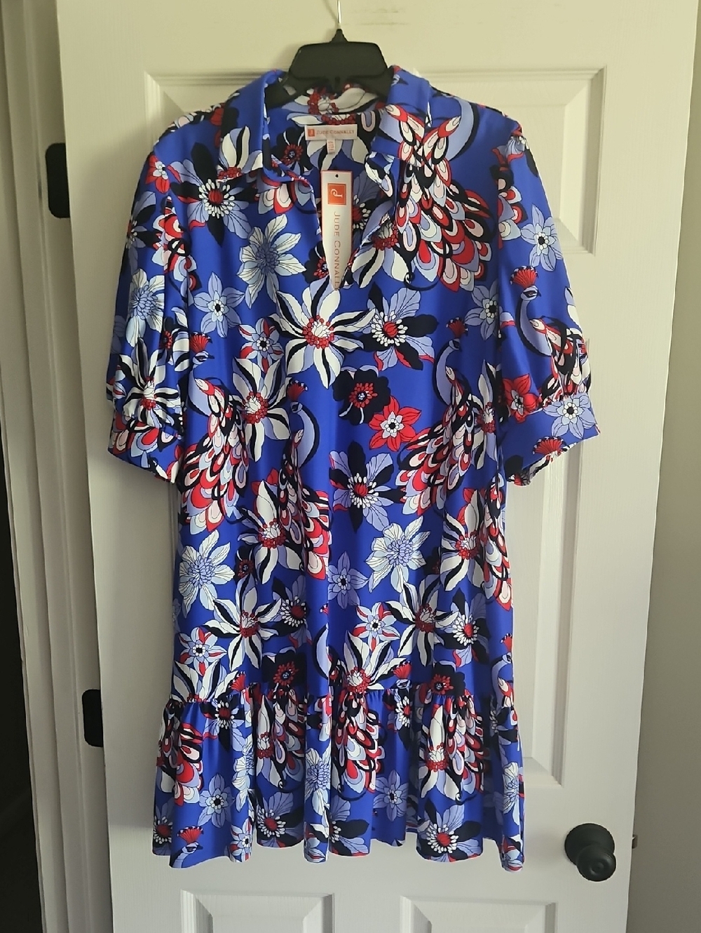 Jude Connally V-neck Puff Short Sleeve Tierney Dress:Twirling Pracock Cobalt:XXL